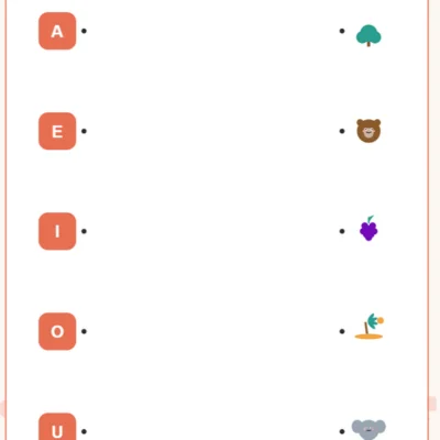 Ficha para unir las vocales A, E, I, O, U con su dibujo