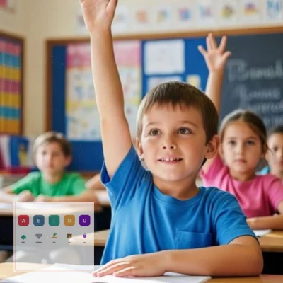 Niño levantando la mano en clase junto a una ficha de vocales